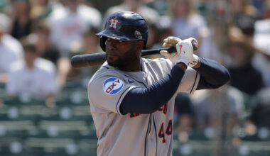 SACRAMENTO, CALIFORNIA - APRIL 05: Yordan Alvarez #44 of the Houston Astros bats during the first inning against the Athletics at Sutter Health Park on April 05, 2026 in Sacramento, California.
