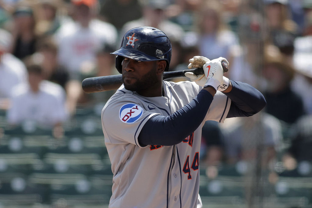 SACRAMENTO, CALIFORNIA - APRIL 05: Yordan Alvarez #44 of the Houston Astros bats during the first inning against the Athletics at Sutter Health Park on April 05, 2026 in Sacramento, California.