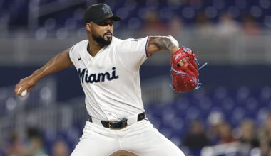 MIAMI, FLORIDA - APRIL 07: Sandy Alcantara #22 of the Miami Marlins delivers during the first inning against the Cincinnati Reds at loanDepot park on April 07, 2026 in Miami, Florida. (Photo by Carmen Mandato/Getty Images)