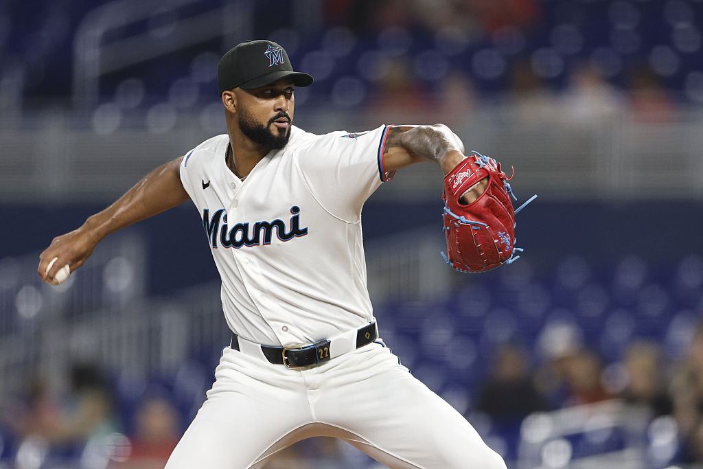 MIAMI, FLORIDA - APRIL 07: Sandy Alcantara #22 of the Miami Marlins delivers during the first inning against the Cincinnati Reds at loanDepot park on April 07, 2026 in Miami, Florida. (Photo by Carmen Mandato/Getty Images)