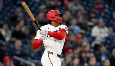 WASHINGTON, DC - APRIL 07: James Wood #29 of the Washington Nationals hits a home run in the third inning against the St. Louis Cardinals at Nationals Park on April 07, 2026 in Washington, DC. (Photo by Greg Fiume/Getty Images)
