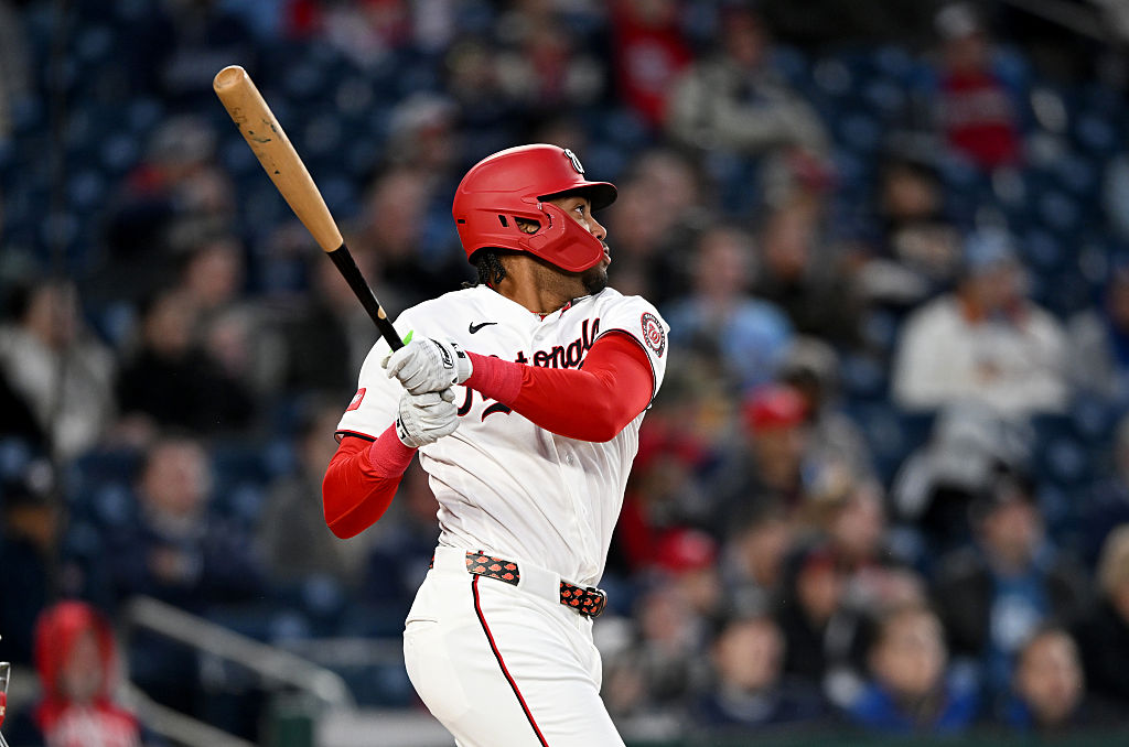 WASHINGTON, DC - APRIL 07: James Wood #29 of the Washington Nationals hits a home run in the third inning against the St. Louis Cardinals at Nationals Park on April 07, 2026 in Washington, DC. (Photo by Greg Fiume/Getty Images)