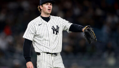 NEW YORK, NEW YORK - APRIL 07: Cam Schlittler #31 of the New York Yankees reacts in the fifth inning against the Athletics at Yankee Stadium on April 07, 2026 in the Bronx borough of New York City. (Photo by Elsa/Getty Images)