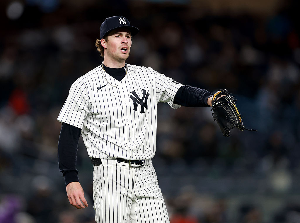 NEW YORK, NEW YORK - APRIL 07: Cam Schlittler #31 of the New York Yankees reacts in the fifth inning against the Athletics at Yankee Stadium on April 07, 2026 in the Bronx borough of New York City. (Photo by Elsa/Getty Images)