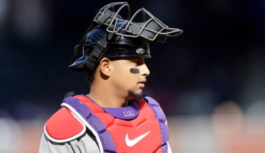 NEW YORK, NEW YORK - APRIL 07: Gabriel Moreno #14 of the Arizona Diamondbacks in action against the New York Mets at Citi Field on April 07, 2026 in New York City. The Mets defeated the Diamondbacks 4-3 in ten innings. (Photo by Jim McIsaac/Getty Images)