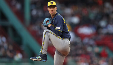 Jacob Misiorowski pitching for the Milwaukee Brewers during an MLB game