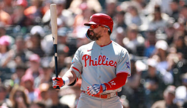 SAN FRANCISCO, CALIFORNIA - APRIL 08: Kyle Schwarber #12 of the Philadelphia Phillies bats against the San Francisco Giants at Oracle Park on April 08, 2026 in San Francisco, California. (Photo by Ezra Shaw/Getty Images)