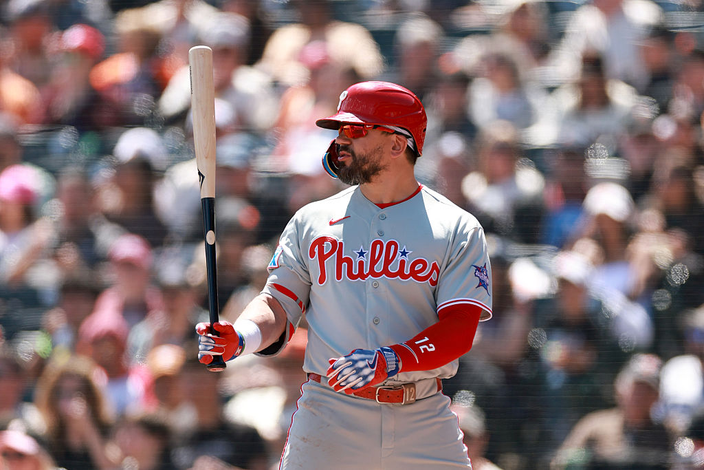 SAN FRANCISCO, CALIFORNIA - APRIL 08: Kyle Schwarber #12 of the Philadelphia Phillies bats against the San Francisco Giants at Oracle Park on April 08, 2026 in San Francisco, California. (Photo by Ezra Shaw/Getty Images)