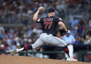 ATLANTA, GEORGIA - APRIL 11: Parker Messick #77 of the Cleveland Guardians pitches in the seventh inning against the Atlanta Braves at Truist Park on April 11, 2026 in Atlanta, Georgia. (Photo by Kevin C. Cox/Getty Images)