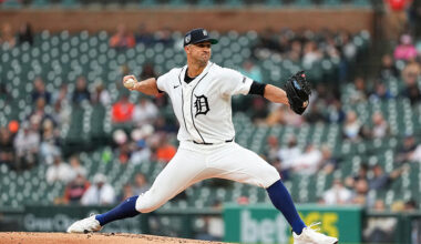 DETROIT, MI - APRIL 15: Jack Flaherty #9 of the Detroit Tigers pitches (wearing #42 in honor of Jackie Robinson) during the game between the Kansas City Royals and the Detroit Tigers at Comerica Park on Wednesday, April 15, 2026 in Detroit, Michigan. (Photo by Izzy Rincon/MLB Photos via Getty Images)