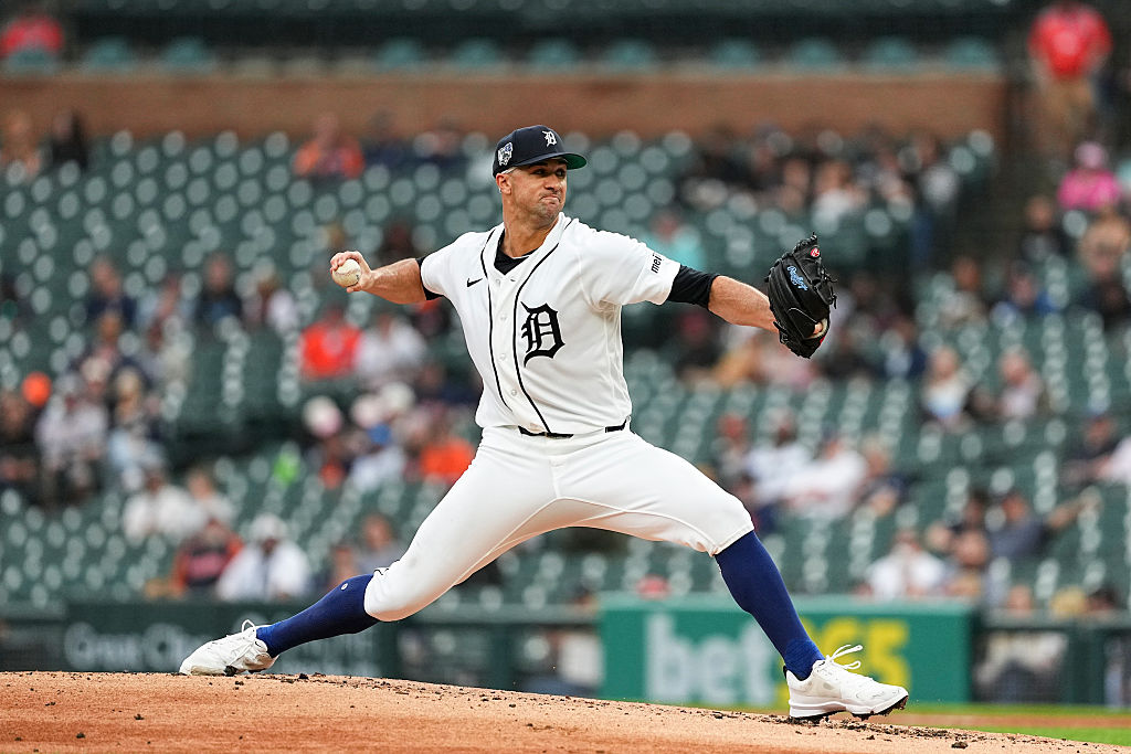 DETROIT, MI - APRIL 15: Jack Flaherty #9 of the Detroit Tigers pitches (wearing #42 in honor of Jackie Robinson) during the game between the Kansas City Royals and the Detroit Tigers at Comerica Park on Wednesday, April 15, 2026 in Detroit, Michigan. (Photo by Izzy Rincon/MLB Photos via Getty Images)