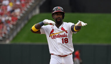 ST LOUIS, MISSOURI - APRIL 12: Jordan Walker #18 of the St. Louis Cardinals celebrates after hitting a single against the Boston Red Sox at Busch Stadium on April 12, 2026 in St Louis, Missouri. (Photo by Joe Puetz/Getty Images)