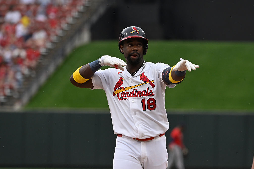 ST LOUIS, MISSOURI - APRIL 12: Jordan Walker #18 of the St. Louis Cardinals celebrates after hitting a single against the Boston Red Sox at Busch Stadium on April 12, 2026 in St Louis, Missouri. (Photo by Joe Puetz/Getty Images)