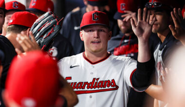 CLEVELAND, OH - APRIL 16: Cleveland Guardians starting pitcher Parker Messick (77) is congratulated by teammates after leaving the game during the ninth inning of the Major League Baseball game between the Baltimore Orioles and Cleveland Guardians on April 16, 2026, at Progressive Field in Cleveland, OH.