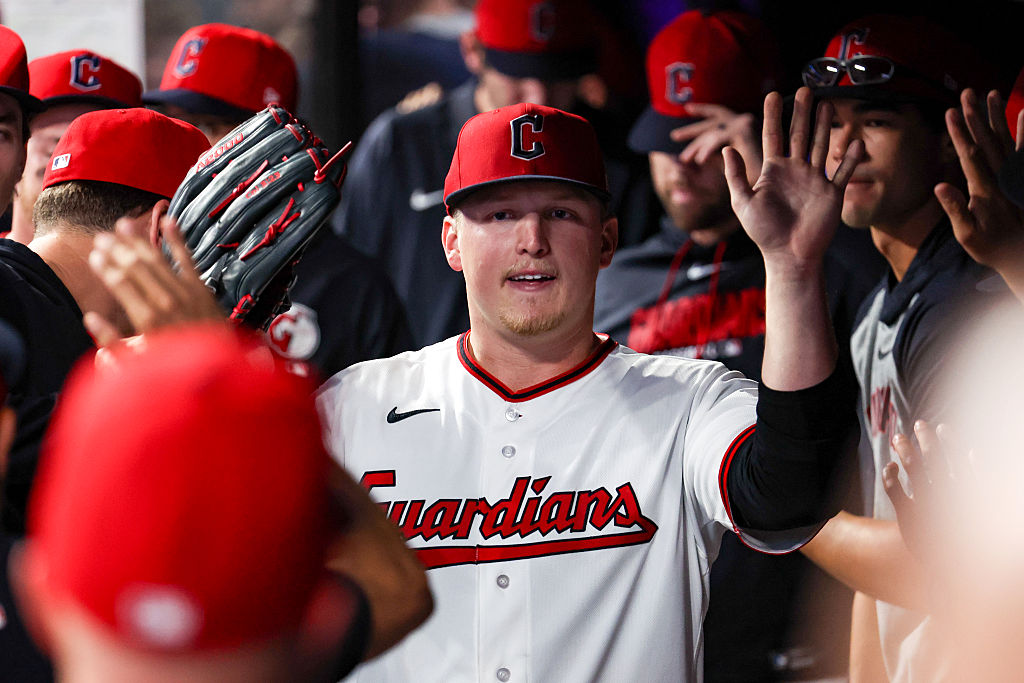 CLEVELAND, OH - APRIL 16: Cleveland Guardians starting pitcher Parker Messick (77) is congratulated by teammates after leaving the game during the ninth inning of the Major League Baseball game between the Baltimore Orioles and Cleveland Guardians on April 16, 2026, at Progressive Field in Cleveland, OH.