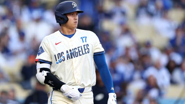 Shohei Ohtani batting for the Los Angeles Dodgers during a game against the Texas Rangers at Dodger Stadium