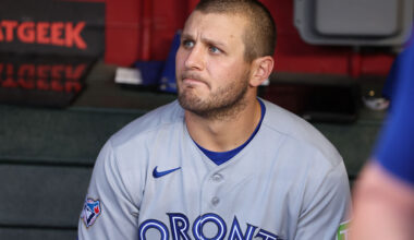 PHOENIX, AZ - APRIL 17: Daulton Varsho #5 of the Toronto Blue Jays looks on from the dugout prior to the game between the Toronto Blue Jays and the Arizona Diamondbacks at Chase Field on Friday, April 17, 2026 in Phoenix, Arizona. (Photo by Chris Coduto/MLB Photos via Getty Images)