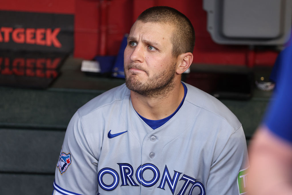 PHOENIX, AZ - APRIL 17: Daulton Varsho #5 of the Toronto Blue Jays looks on from the dugout prior to the game between the Toronto Blue Jays and the Arizona Diamondbacks at Chase Field on Friday, April 17, 2026 in Phoenix, Arizona. (Photo by Chris Coduto/MLB Photos via Getty Images)