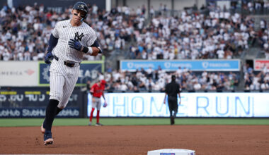 NEW YORK, NEW YORK - APRIL 15: Aaron Judge #99 of the New York Yankees rounds the bases after hitting a solo home run during the first inning of the game against the Los Angeles Angels at Yankee Stadium on April 15, 2026 in New York City. All players are wearing the number 42 in honor of Jackie Robinson Day. (Photo by Dustin Satloff/Getty Images)