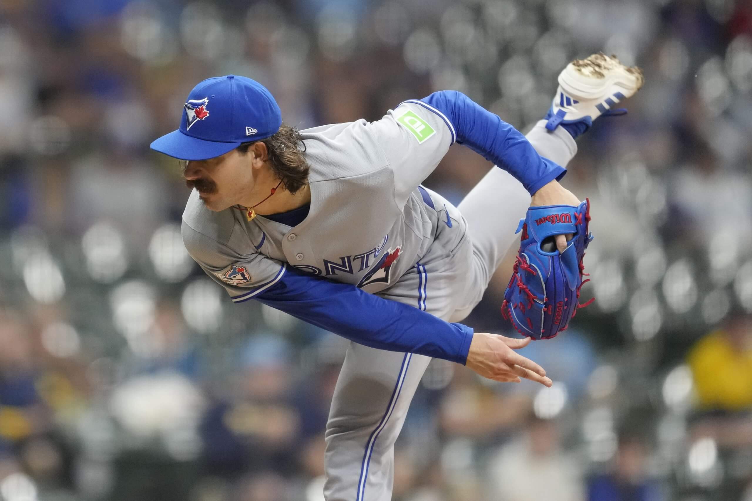 Dylan Cease of the Toronto Blue Jays pitches against the Milwaukee Brewers.