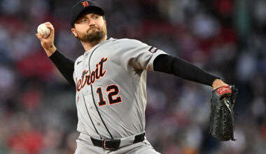 BOSTON, MASSACHUSETTS - APRIL 17: Casey Mize #12 of the Detroit Tigers pitches against the Boston Red Sox during the first inning at Fenway Park on April 17, 2026 in Boston, Massachusetts.