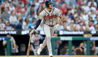PHILADELPHIA, PENNSYLVANIA - APRIL 17: Matt Olson #28 of the Atlanta Braves hits an RBI single in the second inning against the Philadelphia Phillies at Citizens Bank Park on April 17, 2026 in Philadelphia, Pennsylvania. (Photo by Emilee Chinn/Getty Images)