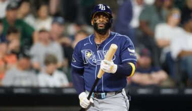 CHICAGO, ILLINOIS - APRIL 14: Yandy Diaz #2 of the Tampa Bay Rays looks on between pitches in the fourth inning during a game against the Chicago White Sox at Rate Field on April 14, 2026 in Chicago, Illinois. (Photo by Brandon Sloter/IOS/Getty Images)