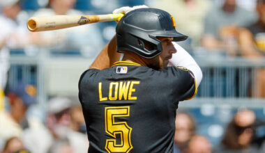 PITTSBURGH, PA - APRIL 16: Brandon Lowe #5 of the Pittsburgh Pirates in action against the Washington Nationals at PNC Park on April 16, 2026 in Pittsburgh, Pennsylvania. (Photo by Justin K. Aller/Getty Images)