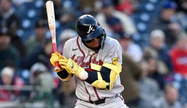 WASHINGTON, DC - APRIL 20: Ronald Acuña Jr. #13 of the Atlanta Braves is hit by a pitch in the fourth inning against the Washington Nationals at Nationals Park on April 20, 2026 in Washington, DC. (Photo by Greg Fiume/Getty Images)