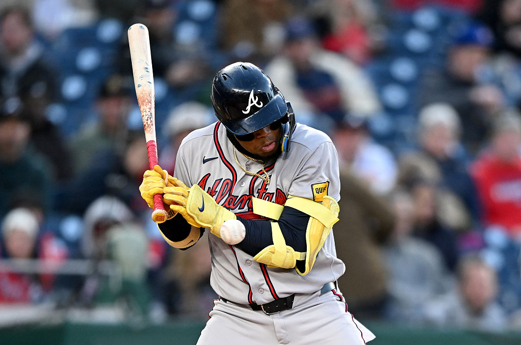 WASHINGTON, DC - APRIL 20: Ronald Acuña Jr. #13 of the Atlanta Braves is hit by a pitch in the fourth inning against the Washington Nationals at Nationals Park on April 20, 2026 in Washington, DC. (Photo by Greg Fiume/Getty Images)