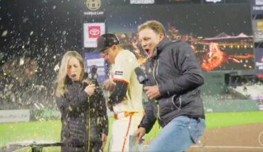 Giants reporter's laptop doused in Daniel Susac Powerade bath