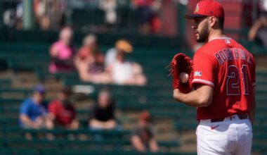 Feb 24, 2026; Tempe, Arizona, USA; Los Angeles Angels pitcher Grayson Rodriguez (21) on the mound to pitch in the first inning inning against the San Francisco Giants during a spring training game at Tempe Diablo Stadium. Mandatory Credit: Allan Henry-Imagn Images
