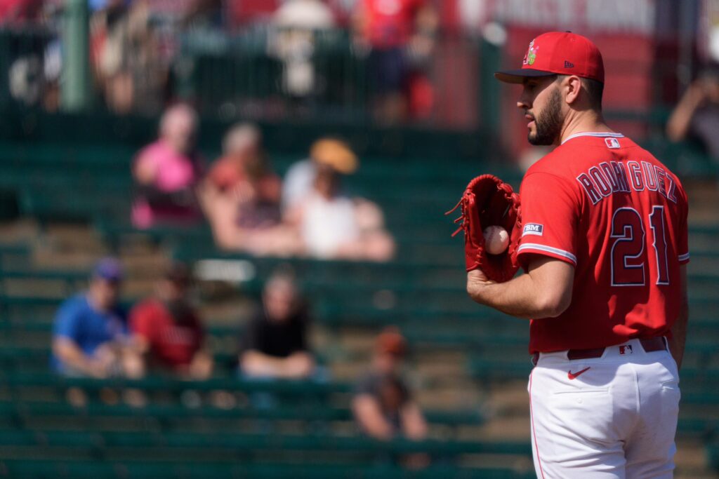 Feb 24, 2026; Tempe, Arizona, USA; Los Angeles Angels pitcher Grayson Rodriguez (21) on the mound to pitch in the first inning inning against the San Francisco Giants during a spring training game at Tempe Diablo Stadium. Mandatory Credit: Allan Henry-Imagn Images