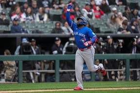 Toronto Blue Jays’ Vladimir Guerrero Jr. celebrates his first home run of the season against the White Sox in Chicago. Erin Hooley/AP