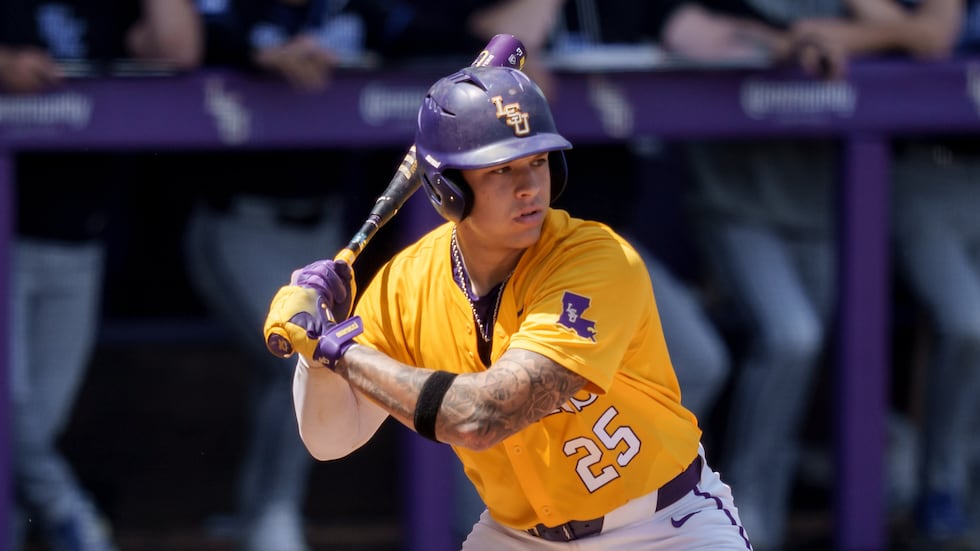 LSU catcher Omar Serna Jr. (25) bats during an NCAA baseball game on Sunday, March 29, 2026,...