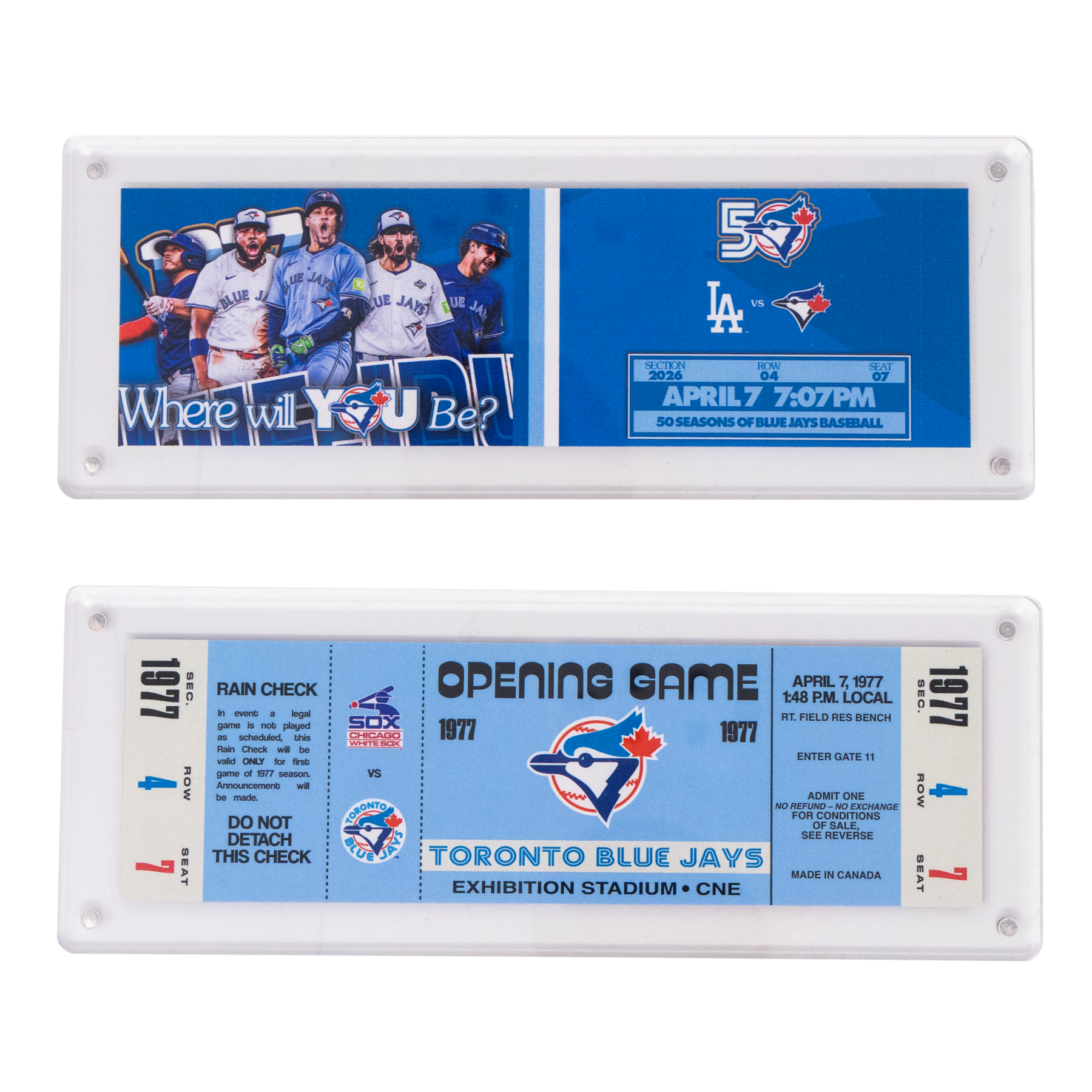 Vintage Toronto Blue Jays baseball tickets from 1977, showcasing team branding and game information.