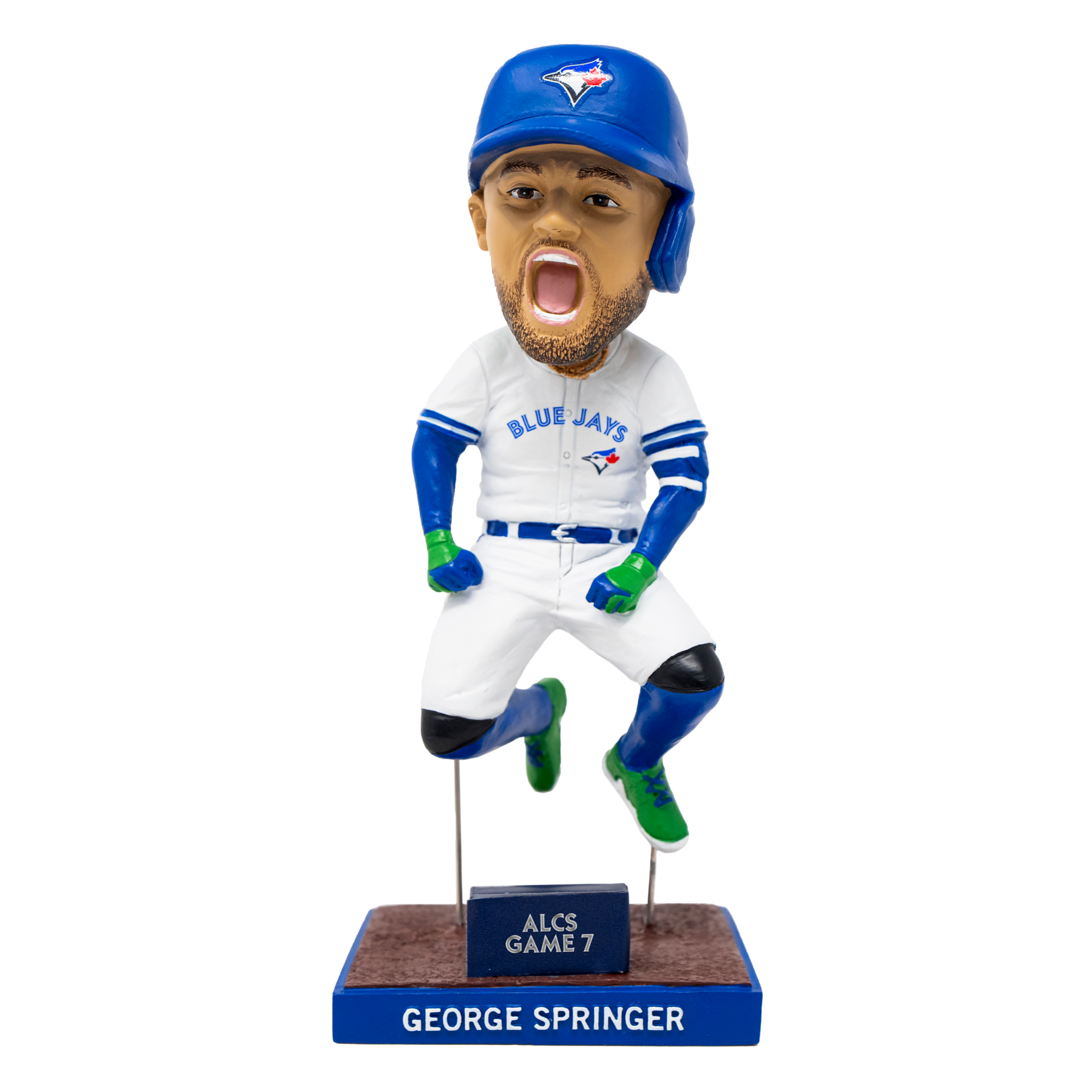 A detailed bobblehead of Toronto Blue Jays player George Springer in uniform, celebrating during ALCS Game 7, perfect for Toronto baseball fans and collectors.