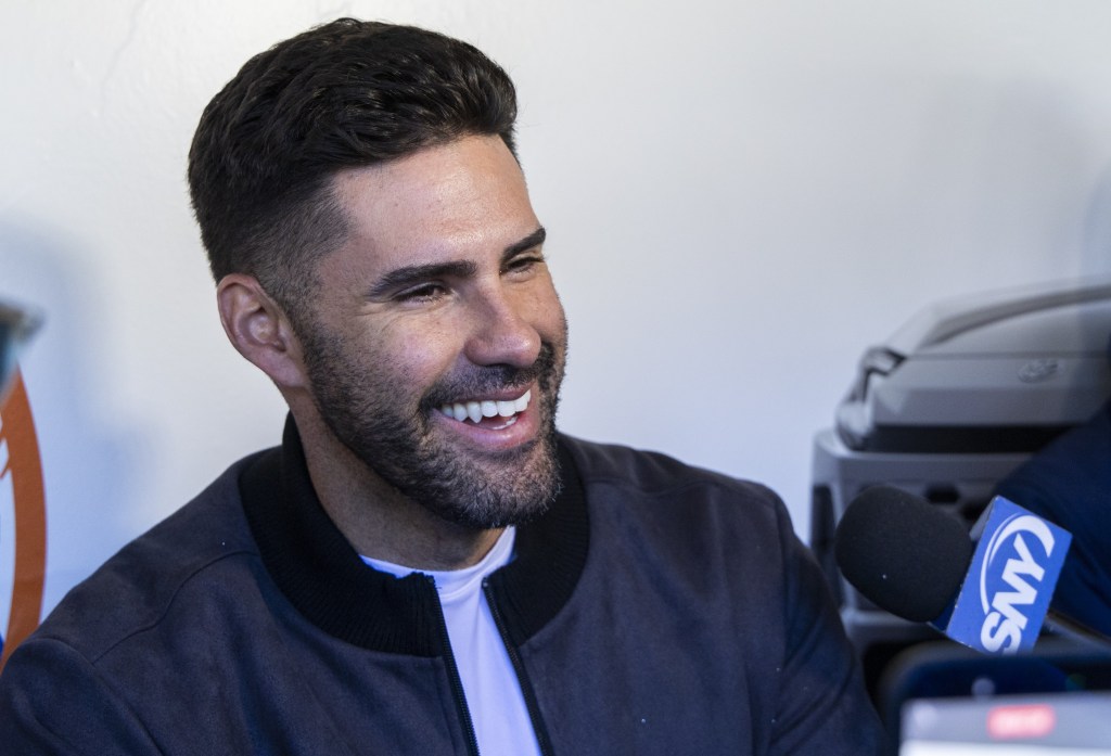 J.D. Martinez talks with reporters on April 8, 2026 at Citi Field.