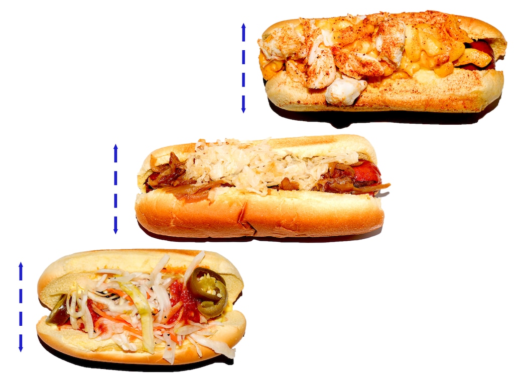 Specialty dogs, from top: the Crab Mac Dog, the Baltimore Dawg, and the chorizo dog.