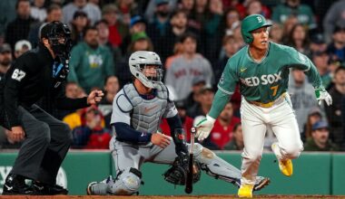 Masataka Yoshida watches his pinch-hit walkoff single in the 10th inning.