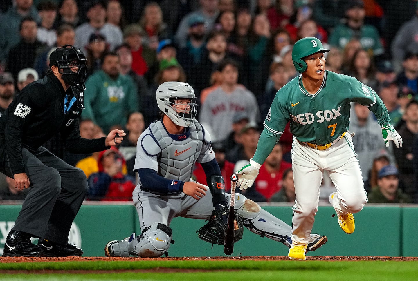 Masataka Yoshida watches his pinch-hit walkoff single in the 10th inning.