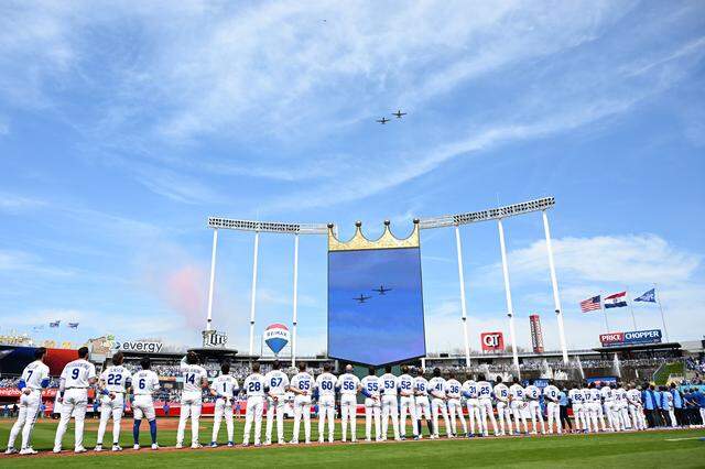 A flyover passes Kauffman Stadium before the home opener against the Minnesota Twins on Monday, March 30, 2026, in Kansas City.
