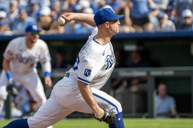 Kansas City Royals pitcher Kris Bubic (50) throws a pitch in the third inning during the home opener game against the Minnesota Twins at Kauffman Stadium on Monday, March 30, 2026, in Kansas City.