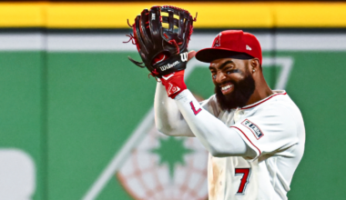 Apr 4, 2026; Anaheim, California, USA; Los Angeles Angels right fielder Jo Adell (7) reacts after making a catch against the Seattle Mariners during the ninth inning at Angel Stadium. Mandatory Credit: Jonathan Hui-Imagn Images