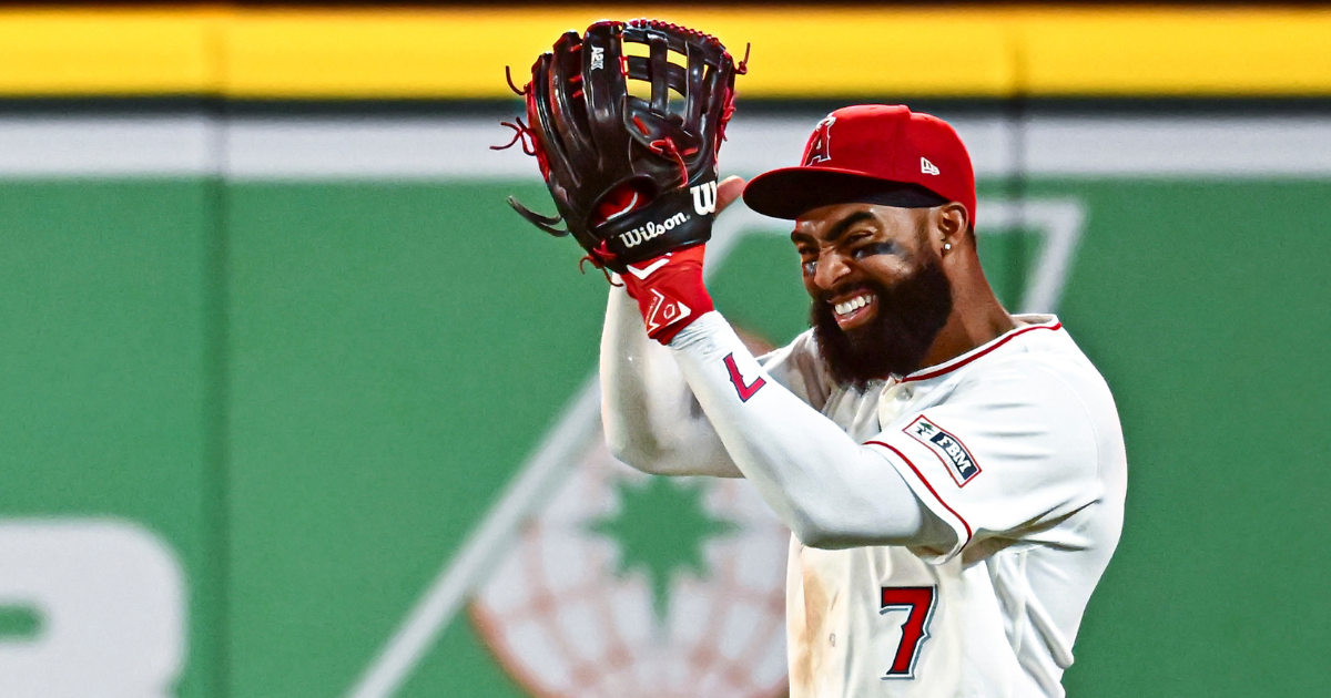 Apr 4, 2026; Anaheim, California, USA; Los Angeles Angels right fielder Jo Adell (7) reacts after making a catch against the Seattle Mariners during the ninth inning at Angel Stadium. Mandatory Credit: Jonathan Hui-Imagn Images