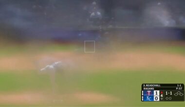 Winds blow fountain water into centerfield camera during Royals-Twins