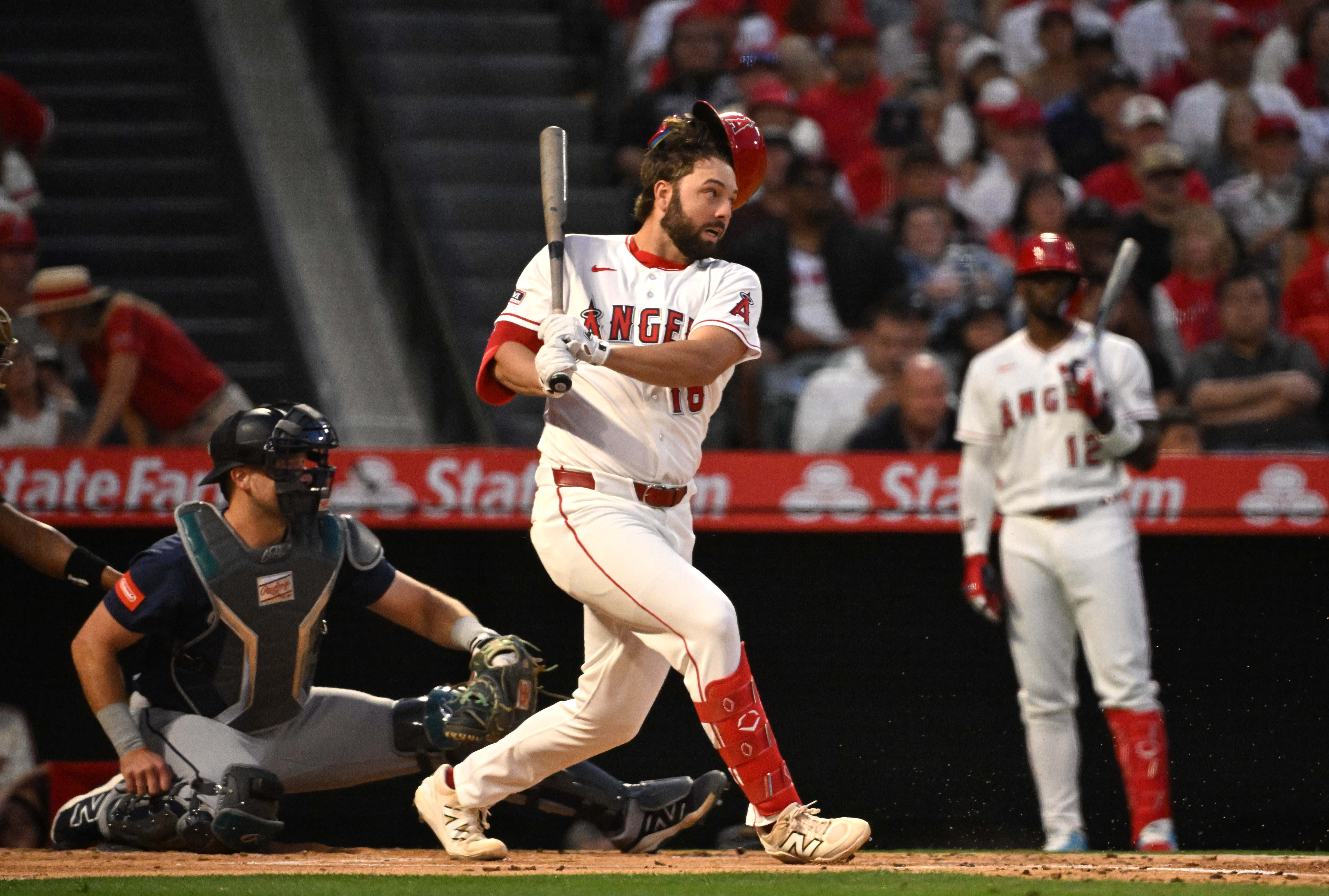Nolan Schanuel #18 of the Los Angeles Angels geounds into...