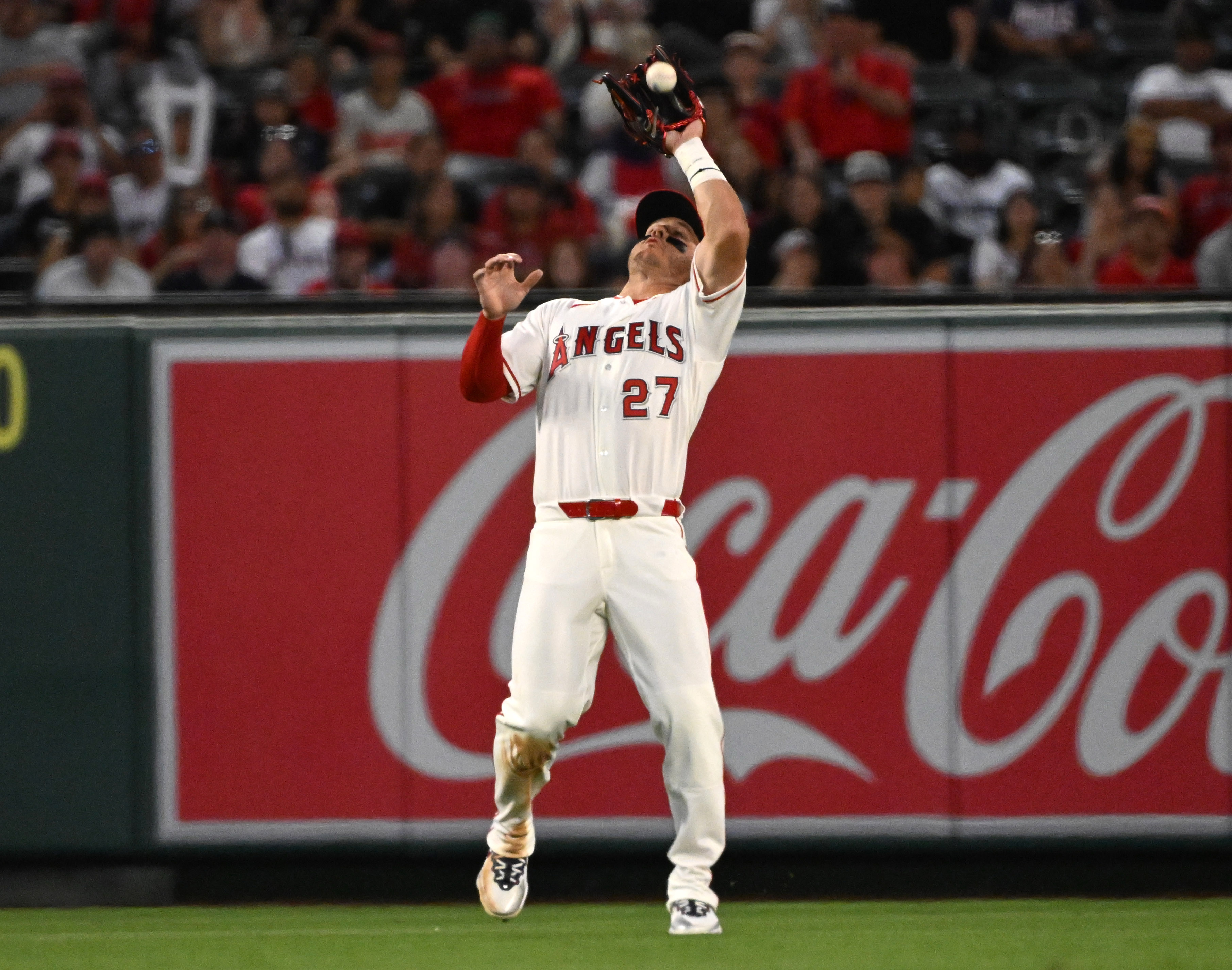 Center fielder Mike Trout #27 of the Los Angeles Angels...