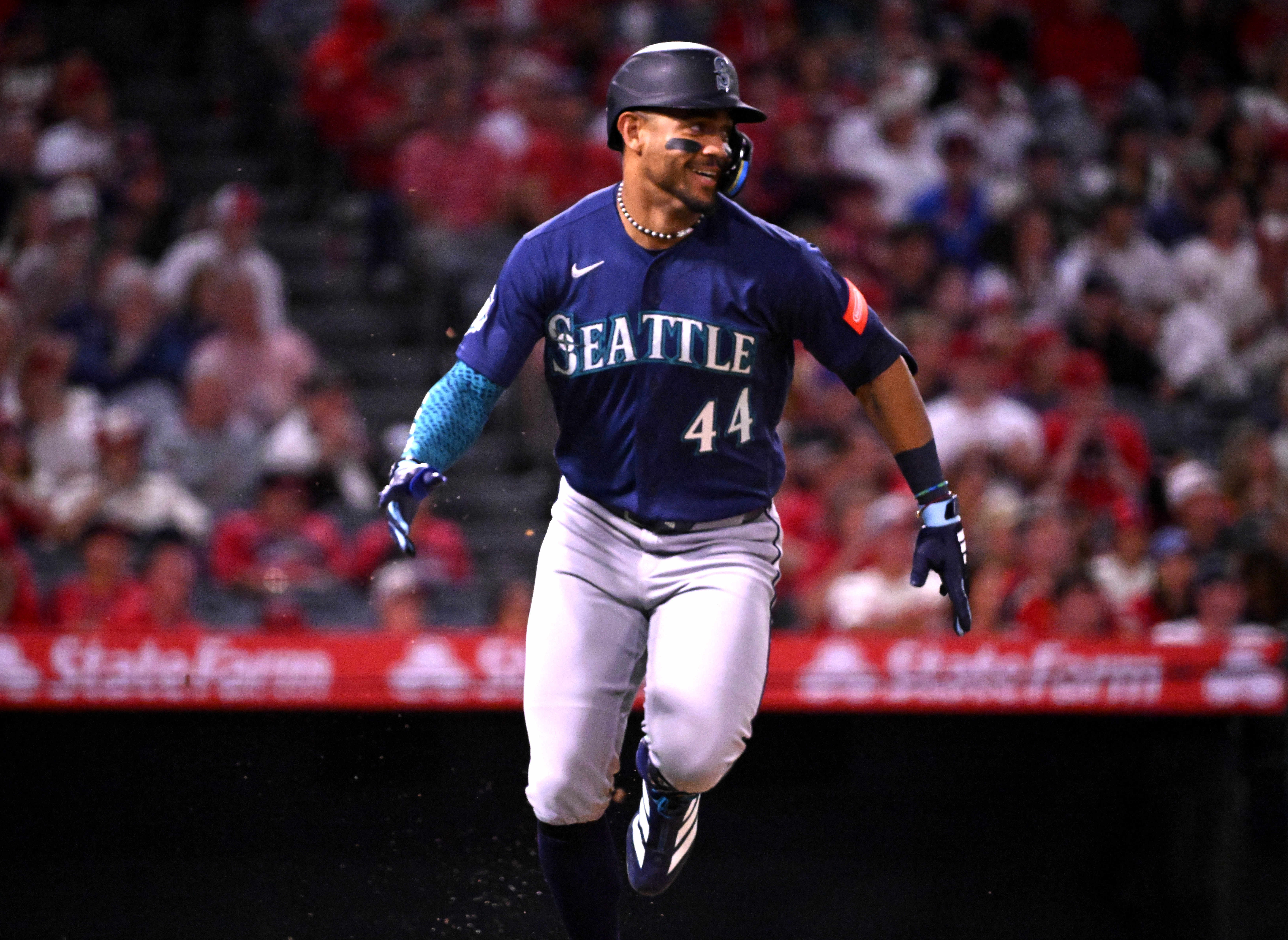 Julio RodrÃ­guez #44 of the Seattle Mariners singles against the...