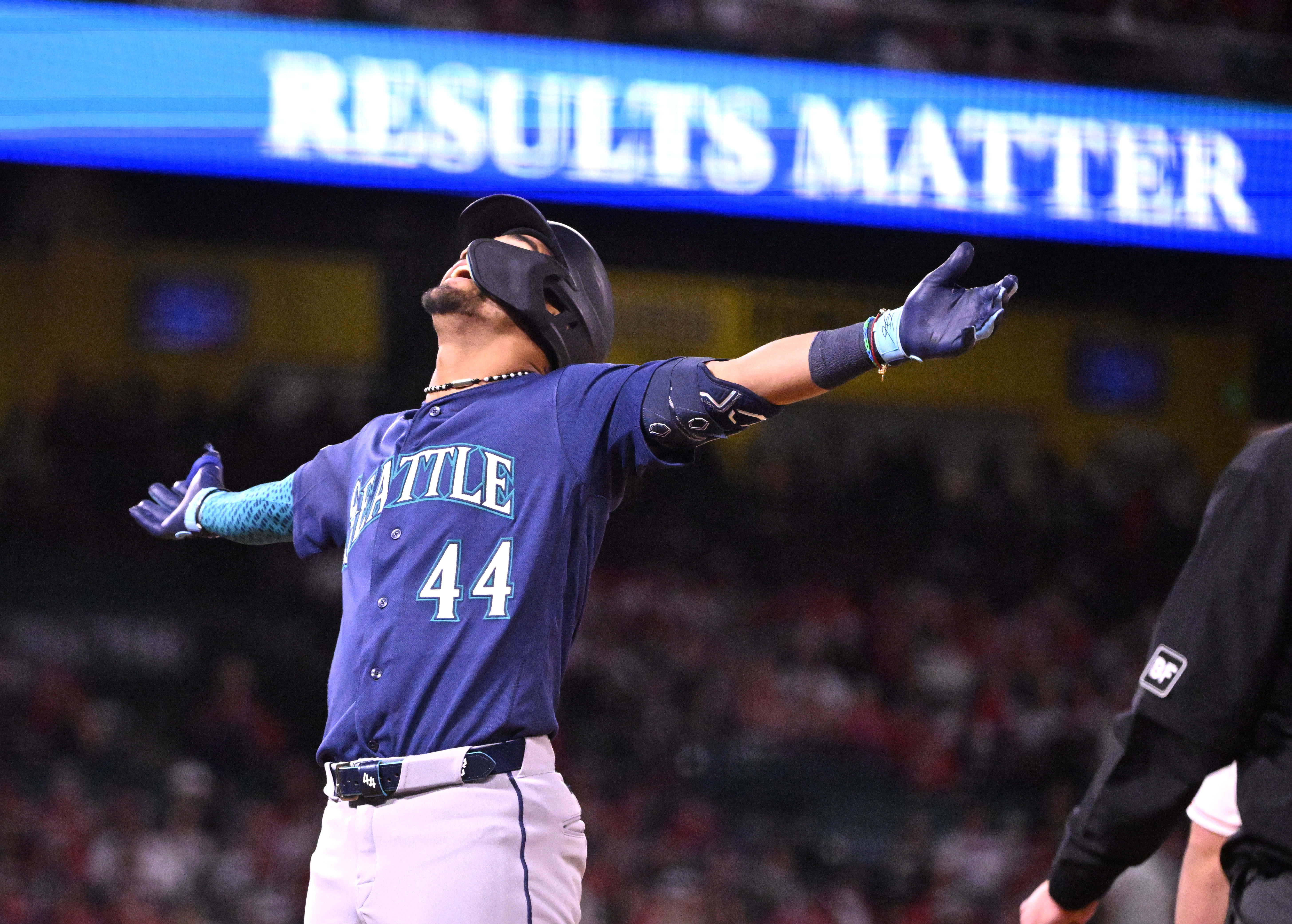 Julio RodrÃ­guez #44 of the Seattle Mariners reacts after a...